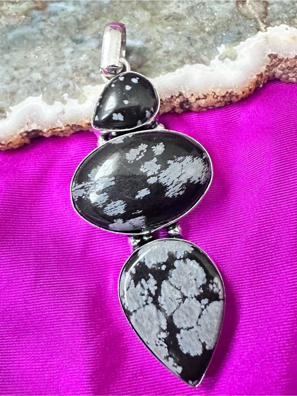 Artisan Snowflake Obsidian Pendant - Black and White